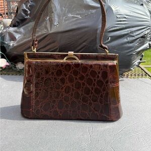 Brown Crocodile Embossed Shoulder Bag with Gold Clasp